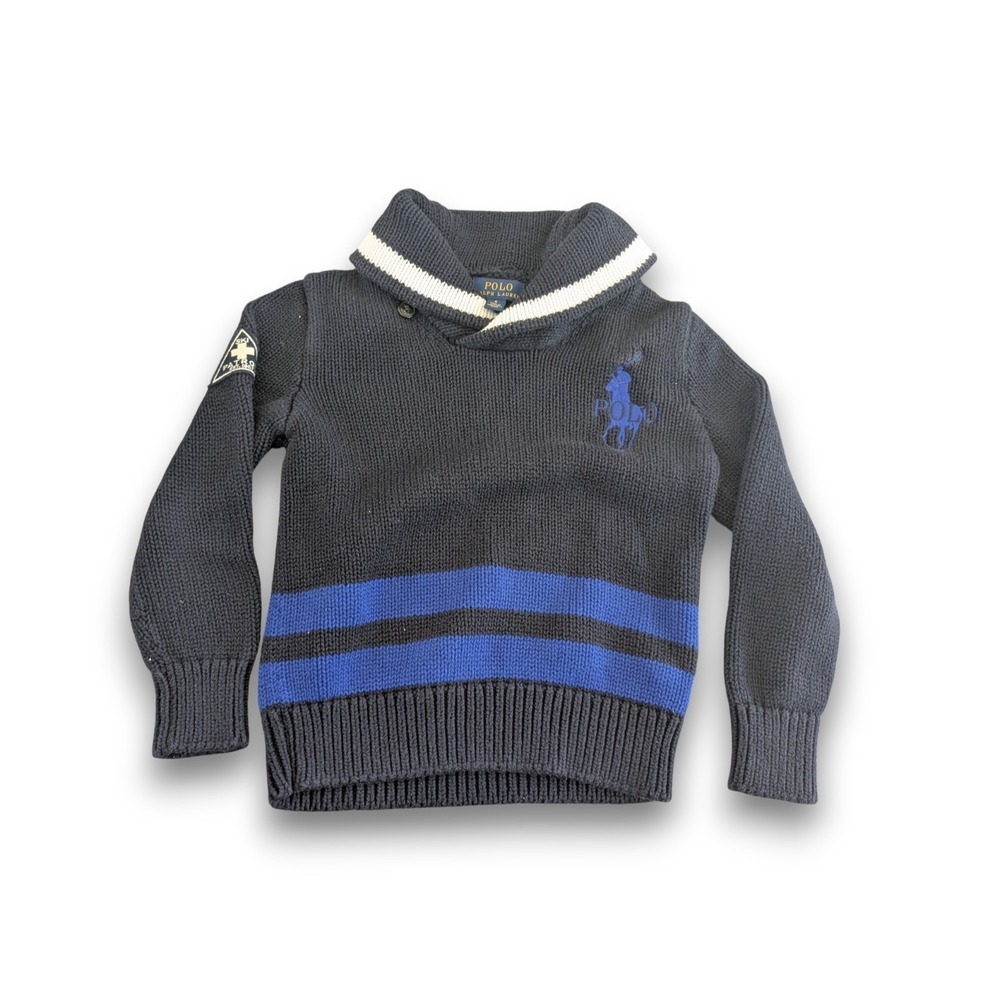 Polo Ralph Lauren Blue Black Knit Pullover Sweater Shawl Big Pony Boys 6‎